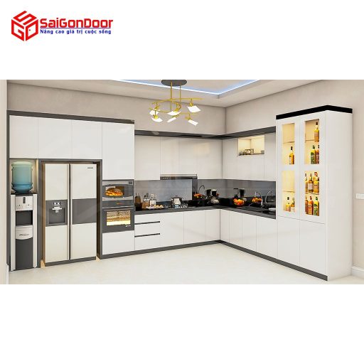 Nội thất nhà bếp L Full trần kết hợp tủ lạnh