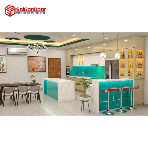Nội thất nhà bếp kiểu châu Âu có bar mini