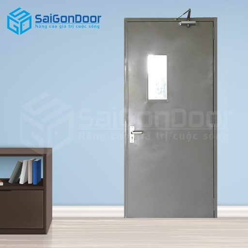 Cửa thép chống cháy tc P1G1 xám tay đẩy hơi